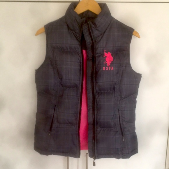 NWOT US Polo Assn Puffer Vest Black Quilted Full Zip Pockets Pink Logo NEW - Picture 1 of 8